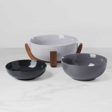 Oneida 24 Seven Pumice 3-Piece Nesting Bowl Set with Wood Stand, porcelain (view 2)