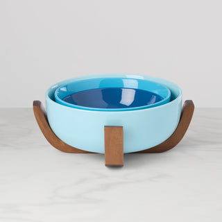 Oneida 24 Seven Turquoise 3-Piece Nesting Bowl Set with Wood Stand, porcelain