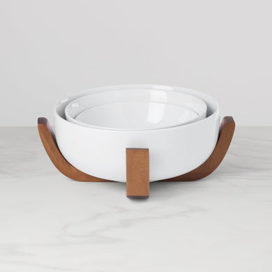 Oneida 24 Seven White 3-Piece Nesting Bowl Set with Wood Stand, porcelain