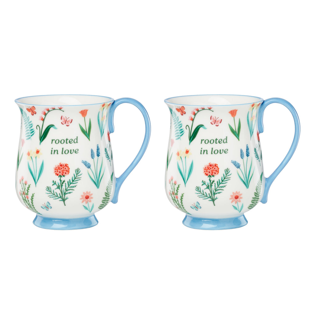 Oneida First Blooms Blue Mugs, Set of 2, porcelain