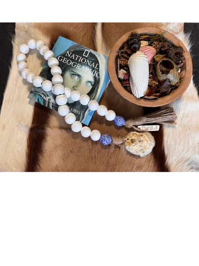 Coastal Grandmother White Bead Garland with Blue Sea Glass & 18K Gold Oyster