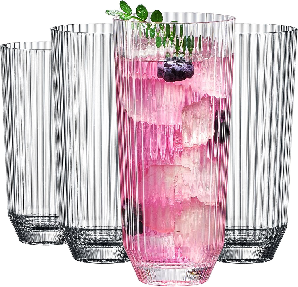 Khen Clear Ribbed Acrylic Drinking Glasses Set of 4 – Unbreakable 12oz Tritan Tumblers for Everyday Use