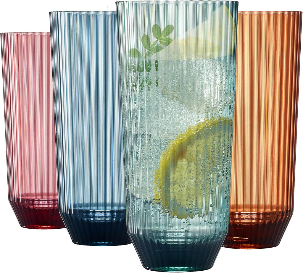 Khen Shatterproof Acrylic Ribbed Drinking Glasses Set of 4 – BPA-Free Tall Reusable Drinkware 12oz