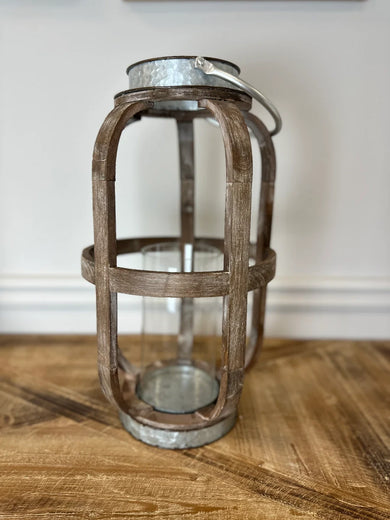 Rustic Wood and Metal Lantern with Glass Hurricane
