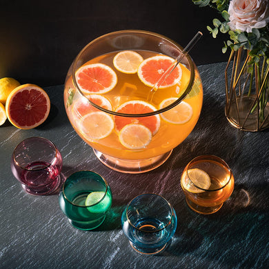 Colorful Glass Punch Bowl Set | 1.7 Gallon with 4 Glasses & Ladle