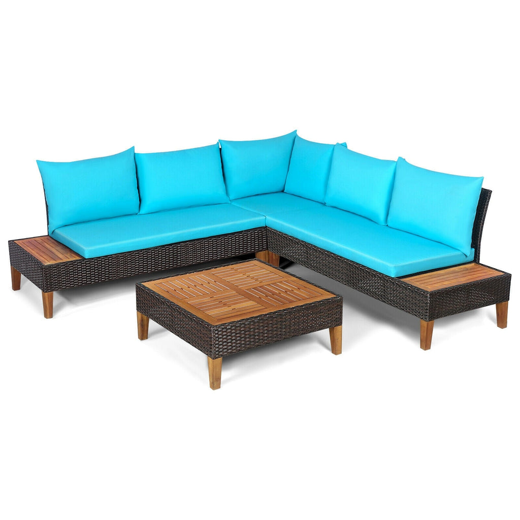 4-Piece Cushioned PE Rattan Patio Furniture Set with Acacia Wood Tables
