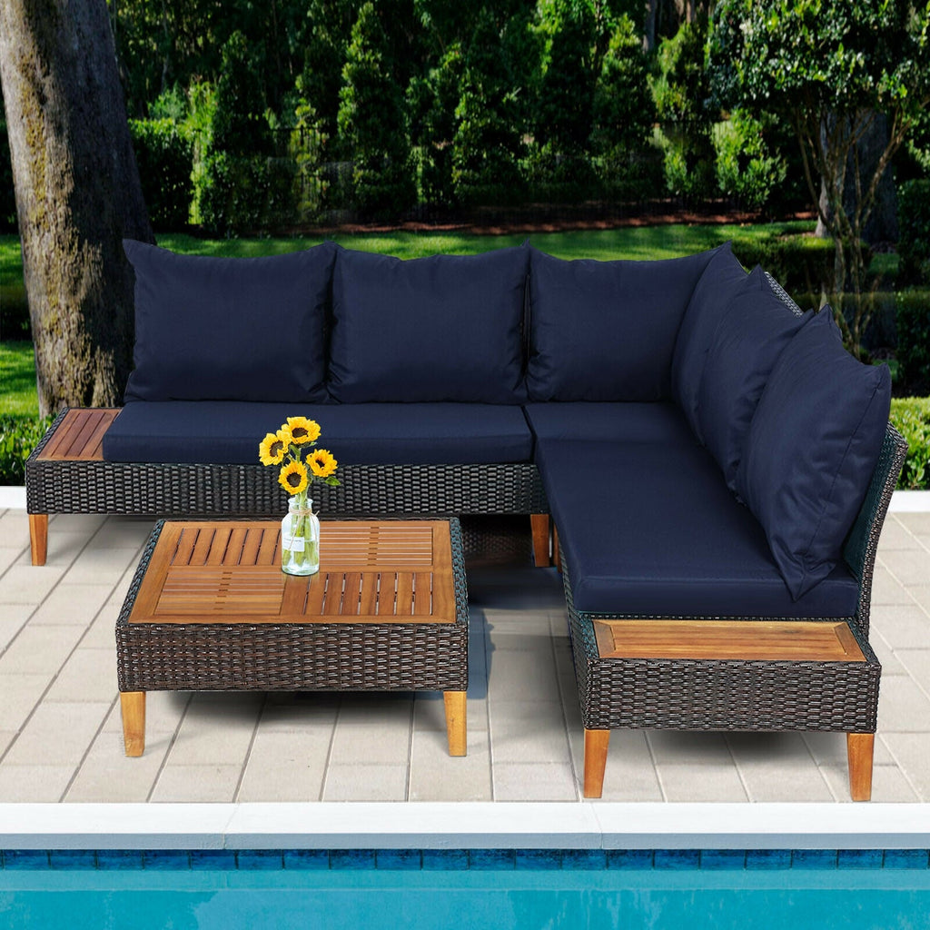 4-Piece Cushioned PE Rattan Patio Furniture Set with Acacia Wood Tables