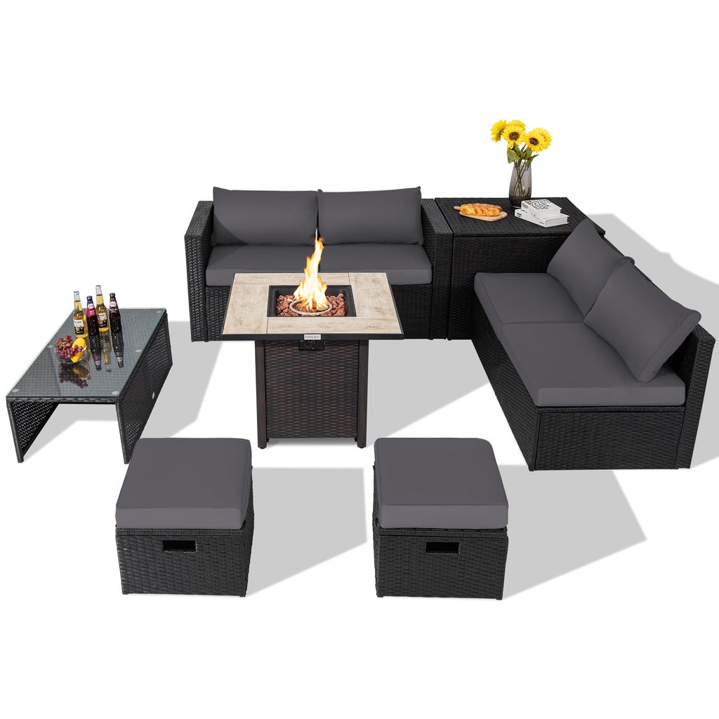 9-Piece PE Rattan Outdoor Sectional Sofa Set with 42-Inch Gas Fire Pit Table