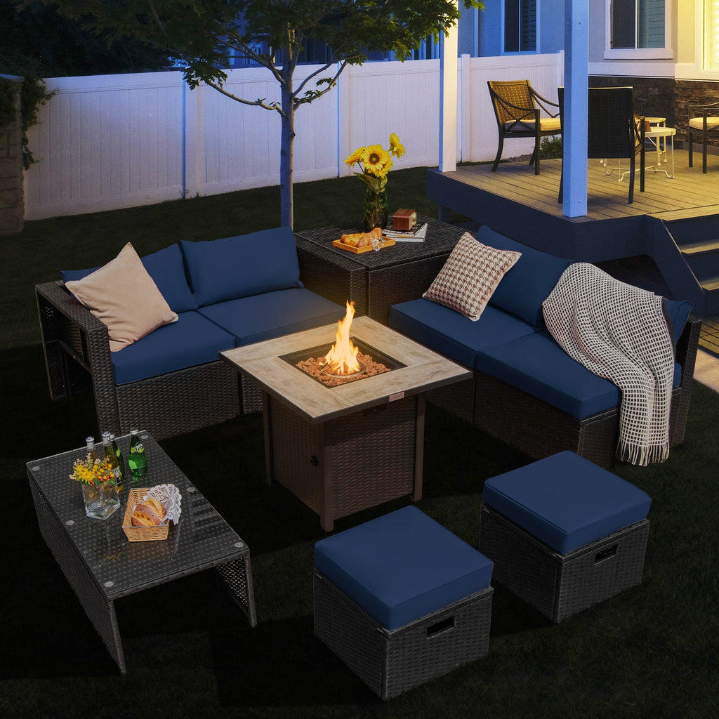 9-Piece PE Rattan Outdoor Sectional Sofa Set with 42-Inch Gas Fire Pit Table
