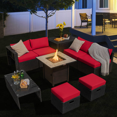 9-Piece PE Rattan Outdoor Sectional Sofa Set with 42-Inch Gas Fire Pit Table