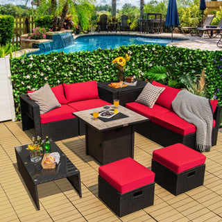 9-Piece PE Rattan Outdoor Sectional Sofa Set with 42-Inch Gas Fire Pit Table