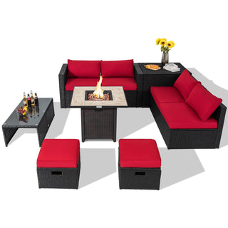 9-Piece PE Rattan Outdoor Sectional Sofa Set with 42-Inch Gas Fire Pit Table