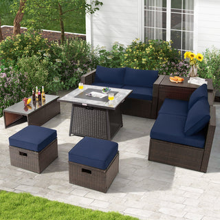 9-Piece Mixed Brown PE Wicker Sectional Set with 50,000-BTU Fire Pit Table
