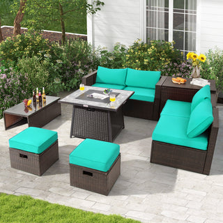 9-Piece Mixed Brown PE Wicker Sectional Set with 50,000-BTU Fire Pit Table