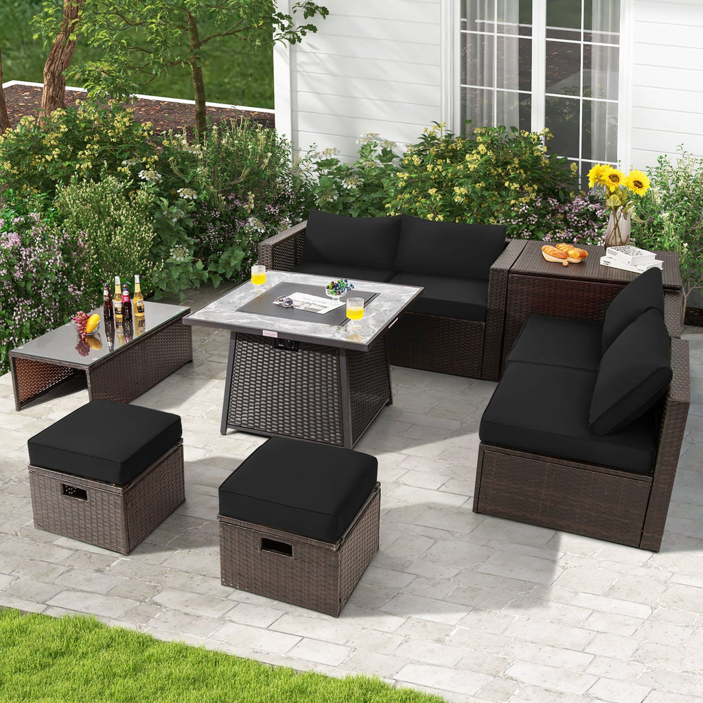 9-Piece Mixed Brown PE Wicker Sectional Set with 50,000-BTU Fire Pit Table