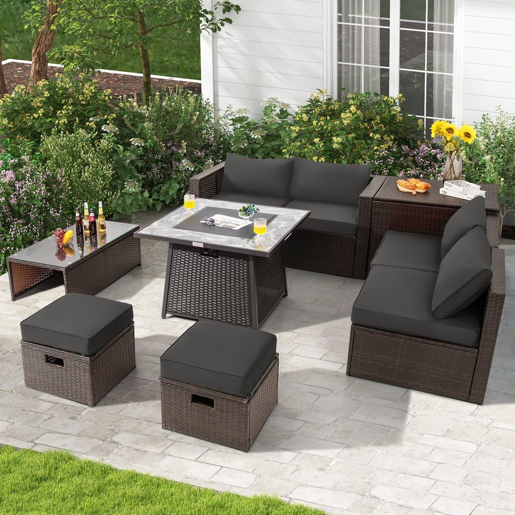9-Piece Mixed Brown PE Wicker Sectional Set with 50,000-BTU Fire Pit Table