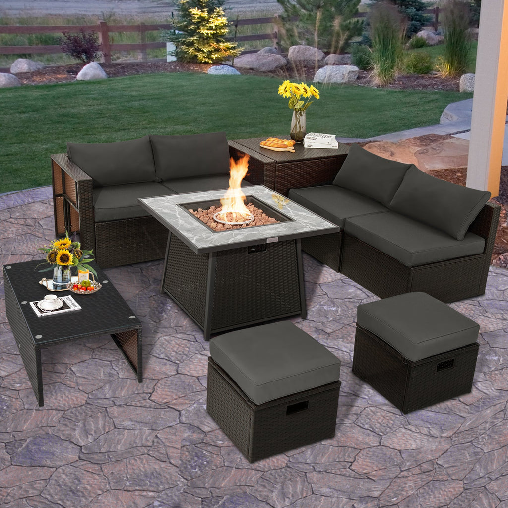 9-Piece Mixed Brown PE Wicker Sectional Set with 50,000-BTU Fire Pit Table