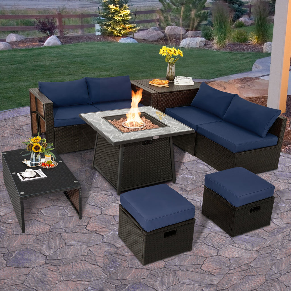 9-Piece Mixed Brown PE Wicker Sectional Set with 50,000-BTU Fire Pit Table