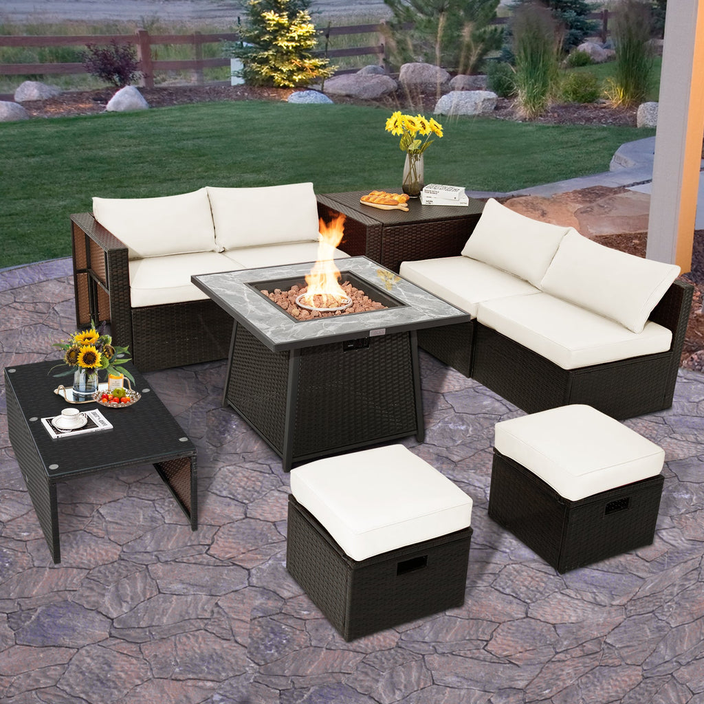 9-Piece Mixed Brown PE Wicker Sectional Set with 50,000-BTU Fire Pit Table