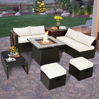 9-Piece Mixed Brown PE Wicker Sectional Set with 50,000-BTU Fire Pit Table