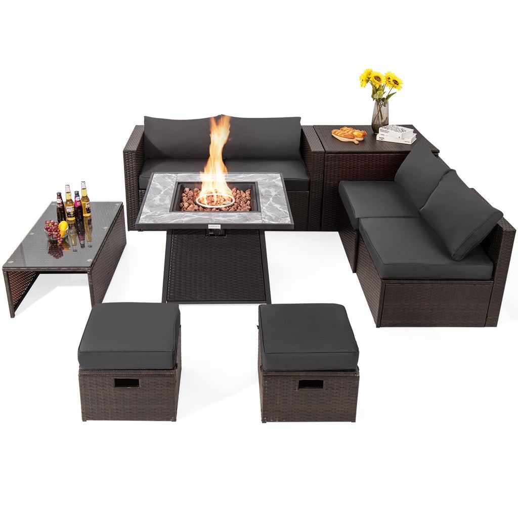 9-Piece Mixed Brown PE Wicker Sectional Set with 50,000-BTU Fire Pit Table
