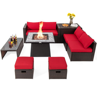 9-Piece Mixed Brown PE Wicker Sectional Set with 50,000-BTU Fire Pit Table