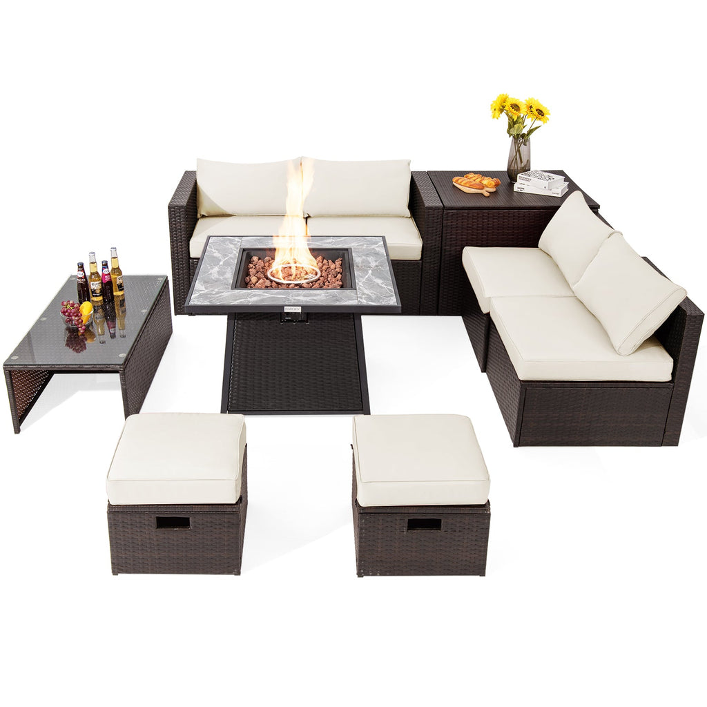 9-Piece Mixed Brown PE Wicker Sectional Set with 50,000-BTU Fire Pit Table