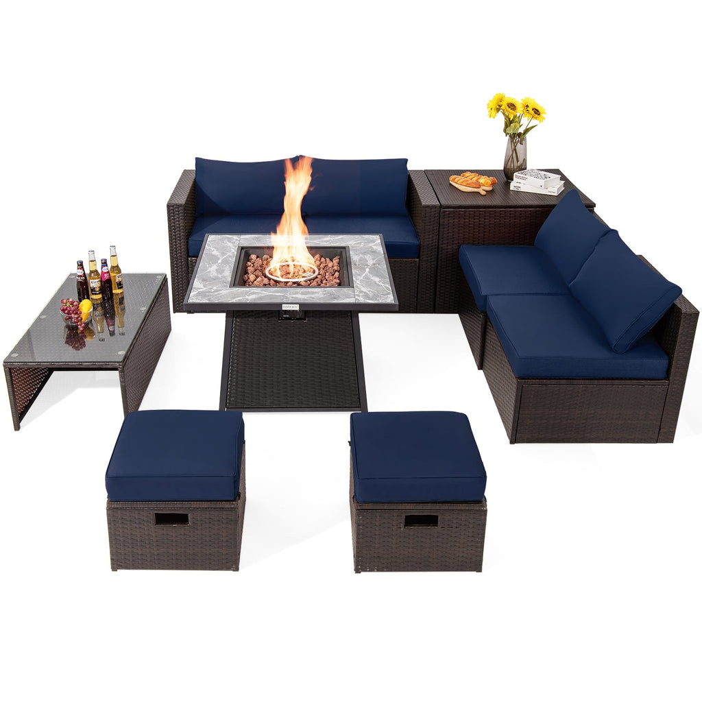 9-Piece Mixed Brown PE Wicker Sectional Set with 50,000-BTU Fire Pit Table