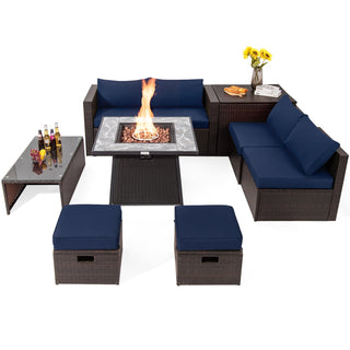9-Piece Mixed Brown PE Wicker Sectional Set with 50,000-BTU Fire Pit Table