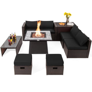 9-Piece Mixed Brown PE Wicker Sectional Set with 50,000-BTU Fire Pit Table