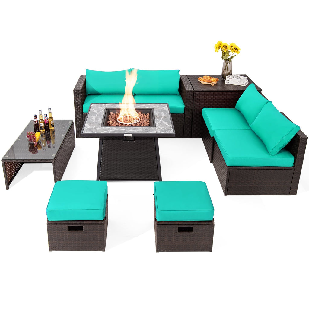 9-Piece Mixed Brown PE Wicker Sectional Set with 50,000-BTU Fire Pit Table