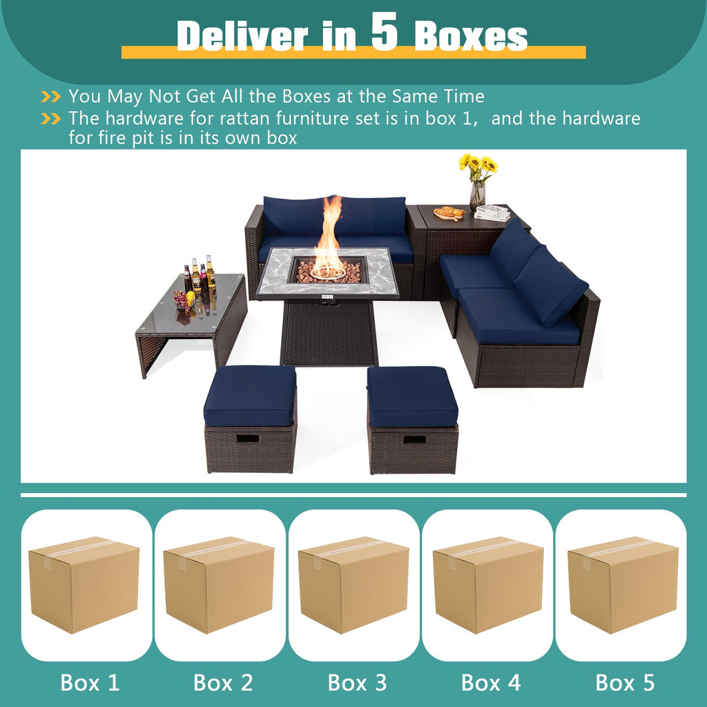 9-Piece Mixed Brown PE Wicker Sectional Set with 50,000-BTU Fire Pit Table