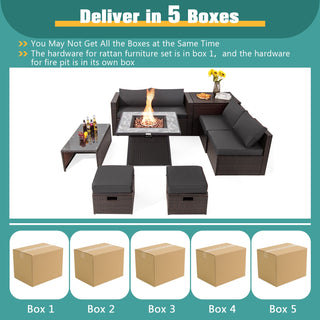 9-Piece Mixed Brown PE Wicker Sectional Set with 50,000-BTU Fire Pit Table