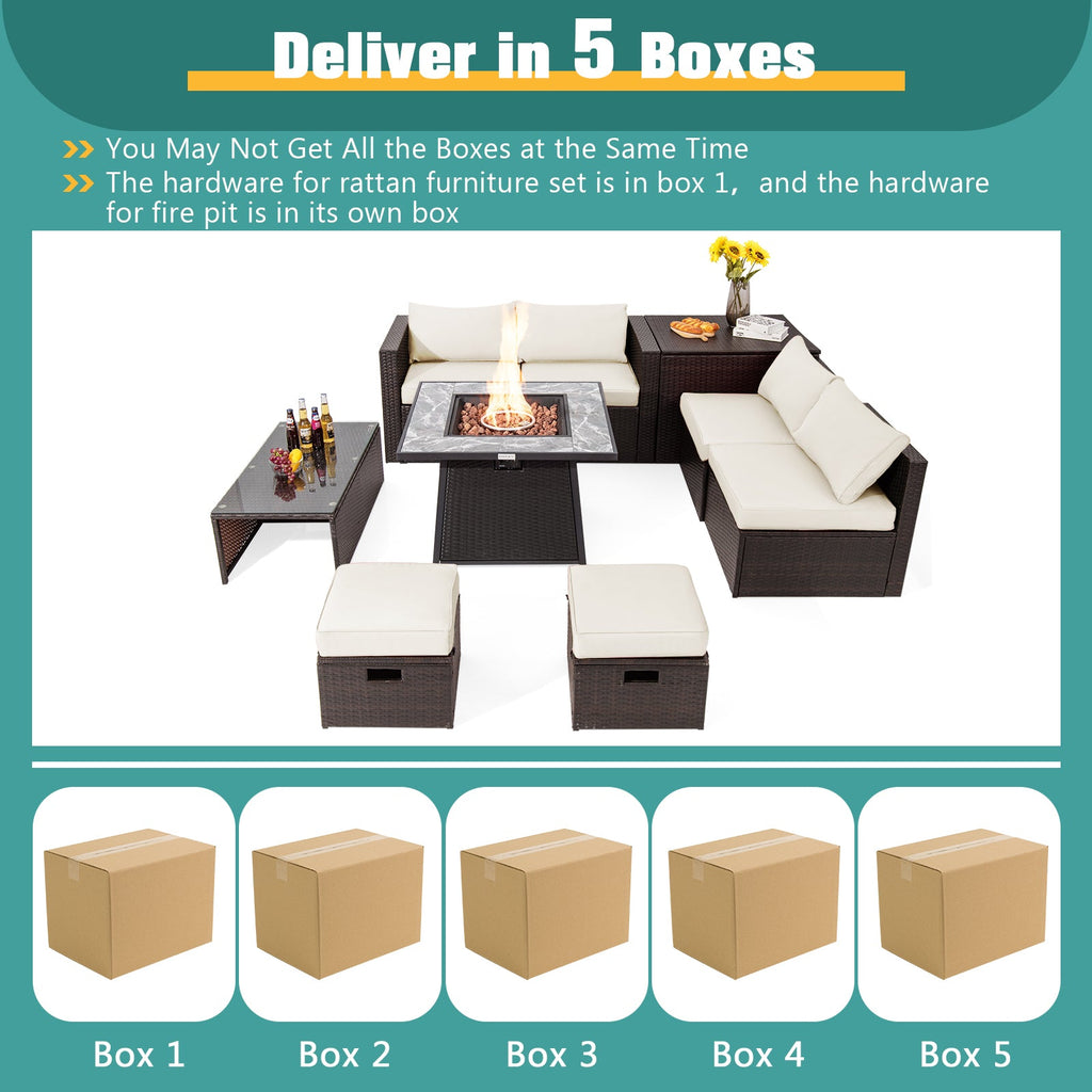 9-Piece Mixed Brown PE Wicker Sectional Set with 50,000-BTU Fire Pit Table