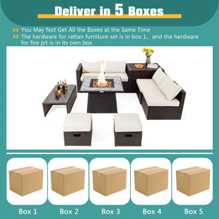 9-Piece Mixed Brown PE Wicker Sectional Set with 50,000-BTU Fire Pit Table