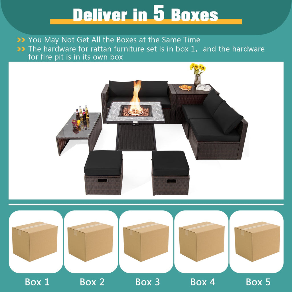 9-Piece Mixed Brown PE Wicker Sectional Set with 50,000-BTU Fire Pit Table
