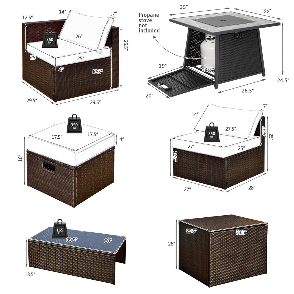 9-Piece Mixed Brown PE Wicker Sectional Set with 50,000-BTU Fire Pit Table