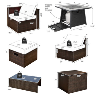 9-Piece Mixed Brown PE Wicker Sectional Set with 50,000-BTU Fire Pit Table