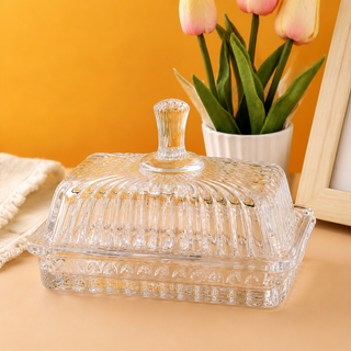Vintage Ribbed Glass Butter Dish with Fluted Lid – Classic Butter Keeper