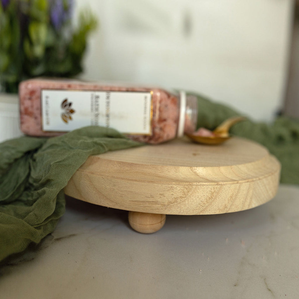 Round Wooden Pedestal Tray – Rustic or Natural Paulownia Wood Display Stand