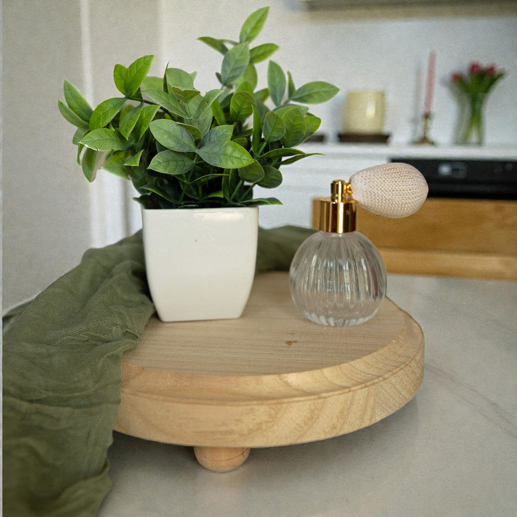 Round Wooden Pedestal Tray – Rustic or Natural Paulownia Wood Display Stand