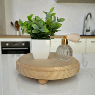 Round Wooden Pedestal Tray – Rustic or Natural Paulownia Wood Display Stand