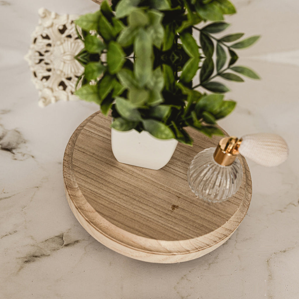 Round Wooden Pedestal Tray – Rustic or Natural Paulownia Wood Display Stand