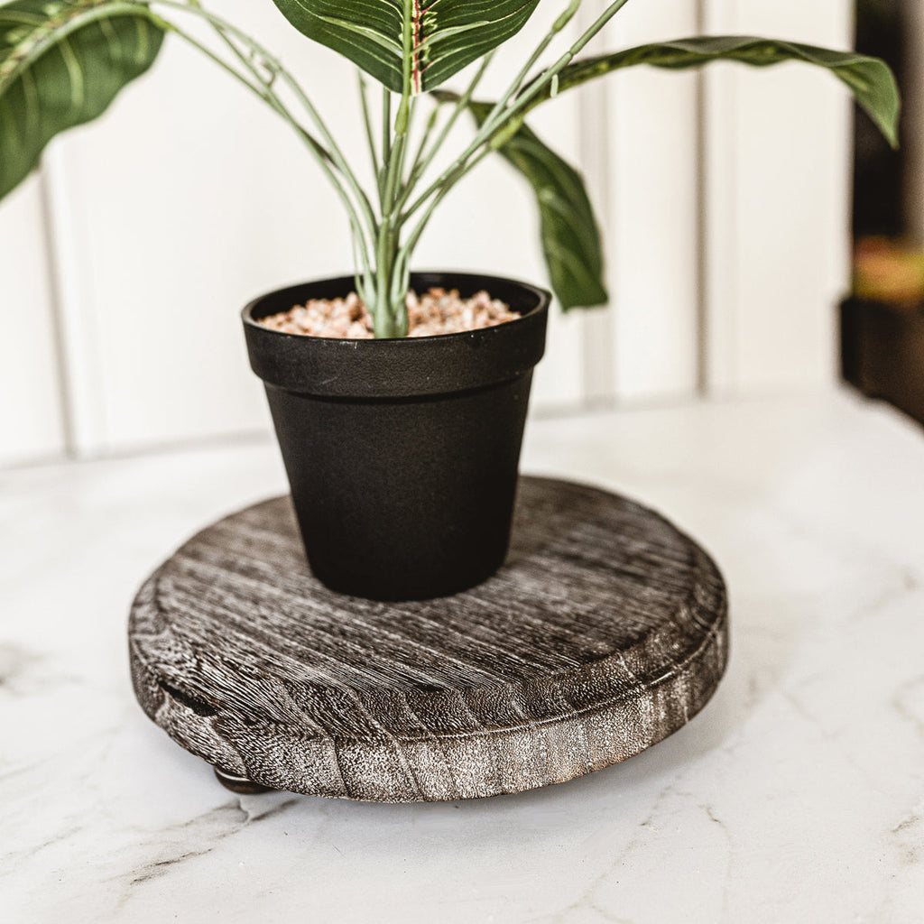 Round Wooden Pedestal Tray – Rustic or Natural Paulownia Wood Display Stand
