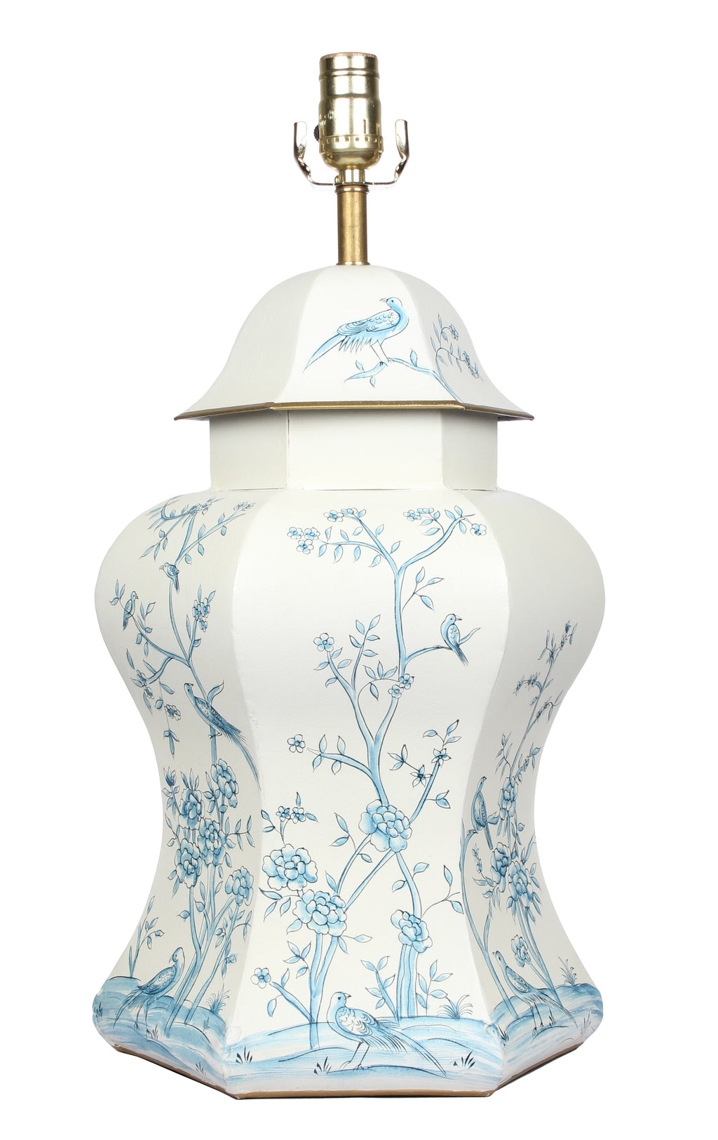 Ivory & Blue Scalloped Hexagon Lamp | Hand-Painted Chinoiserie Table Lamp