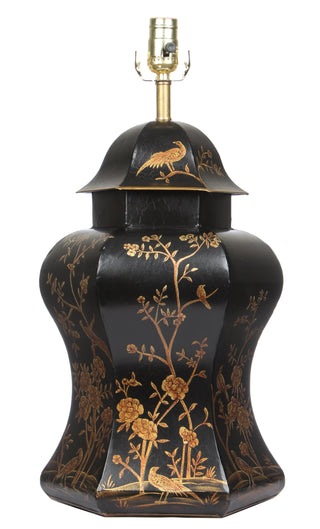 Black & Gold Scalloped Hexagon Lamp | Hand-Painted Chinoiserie Table Lamp