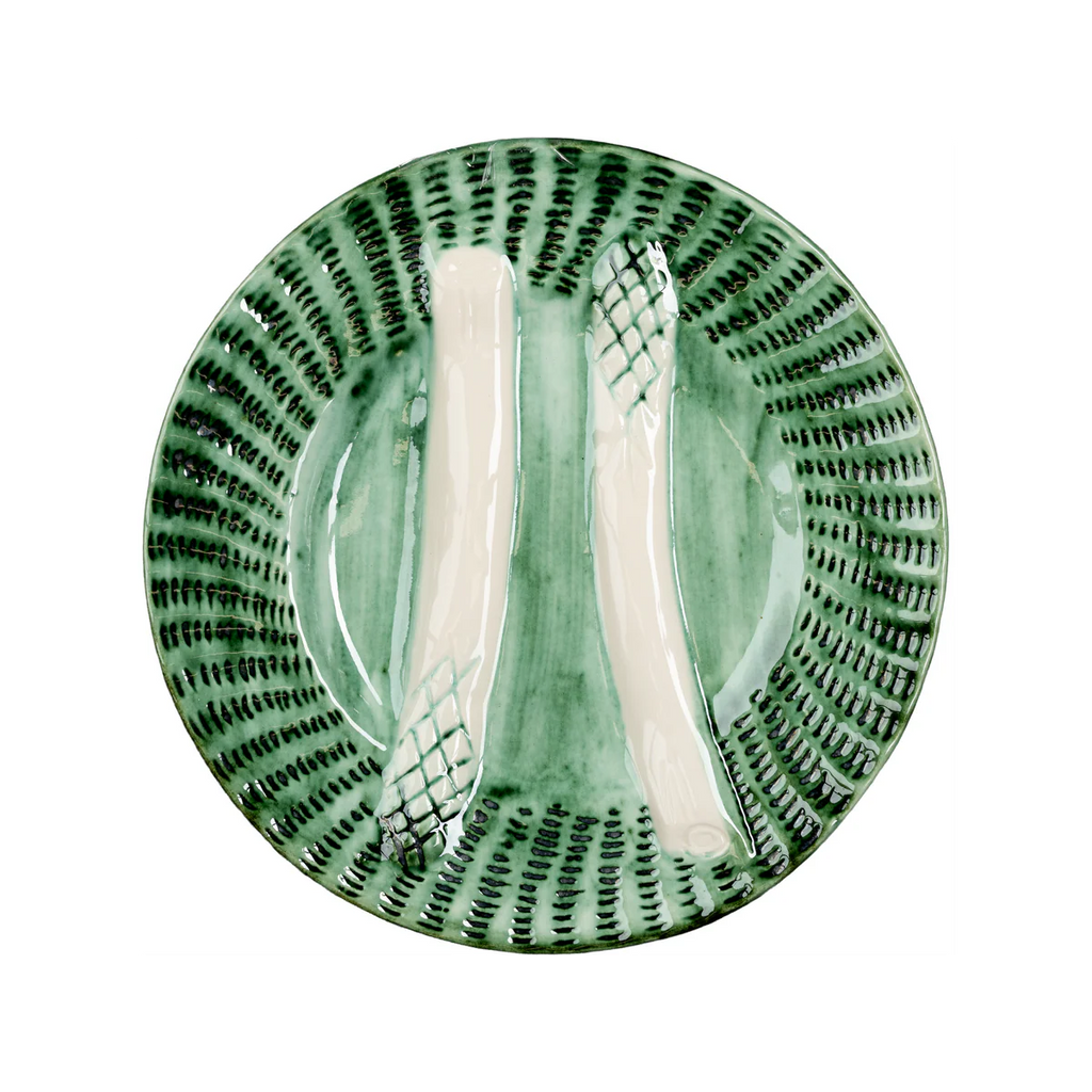 Asparagus Plates Set of 2 – Hand-Painted Portuguese Majolica Style Plates in Turquoise, Green & White