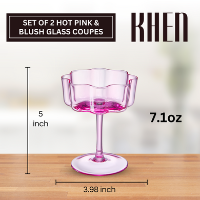 Hot Pink & Blush Flower Wave Coupe Glasses Set of 2 – Vibrant Colored Cocktail Drinkware