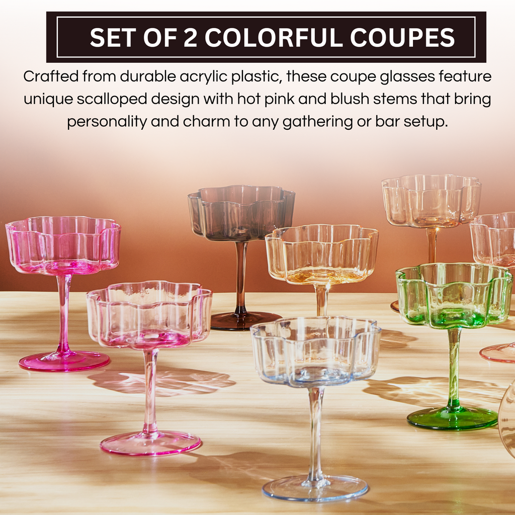 Hot Pink & Blush Flower Wave Coupe Glasses Set of 2 – Vibrant Colored Cocktail Drinkware