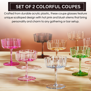 Hot Pink & Blush Flower Wave Coupe Glasses Set of 2 – Vibrant Colored Cocktail Drinkware
